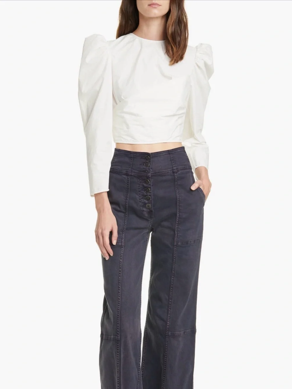 Ulla Johnson Eden Wrap Back Cutout Cream Puff Sleeve Ruched Cropped Top Size 0